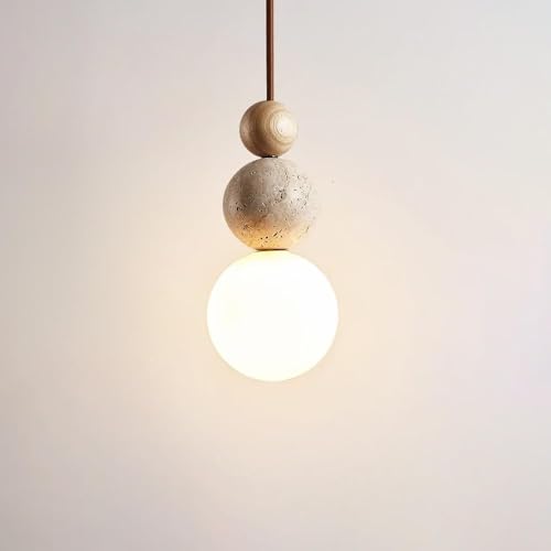Aolyzmt Modern Natural Stone Pendant Light, Frosted White Glass Spherical Hanging Light, Indoor Suspension Pendant Lamp for Bedroom Kitchen Island Dining Room Bar