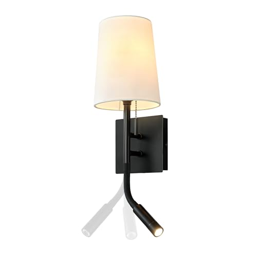 Image of Globe Electric 1-Light Plug-in or Hardwired Wall Sconce with LED Integrated Reading Light, USB-A Port, USB-C Port, Matte Black, White Fabric Shade, On-Off Pull Chain and Rocker Switch