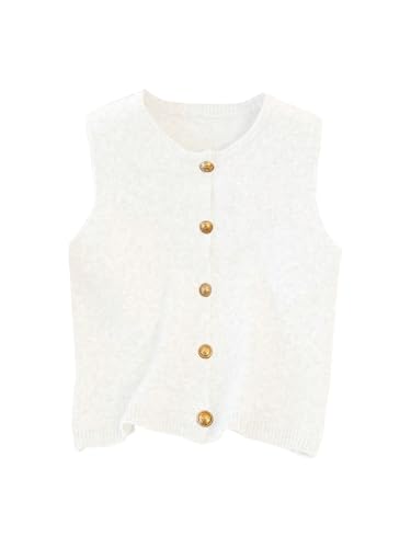Image of RoseSeek Women's Button Down Sweater Vest Sleeveless Crewneck Knit Outerwear Old Money Knitwear
