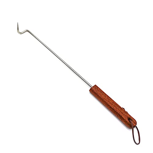 Callmynm 17.5 Inch Pigtail Food Flipper & Turner for Grill, 304 Stainless Steel Pigtail Meat Hook with Wooden Handle for Grilling & Smoking (Sapele)