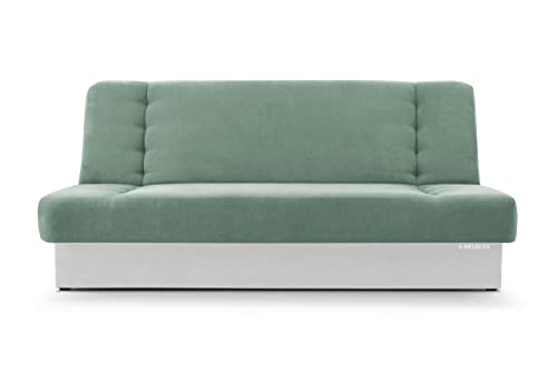 E-MEUBLES Canapé Convertible 3 Places avec Coffre – Clic-Clac avec Rangement | Banquette Lit BZ 2 Places – Sofa Bed en Tissu – Cyprus (Menthe + Blanc)