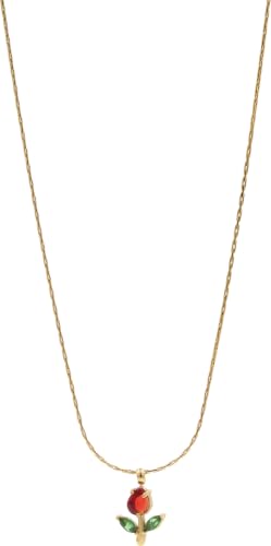 Image of Xayah Tulip Pendant Necklace for Women, Mini Red Crystal Flower Charm with Green Leaf Accents, Gold-Toned Chain, Stainless Steel Anti Tarnish Waterproof Hypoallergenic, Gift for Her