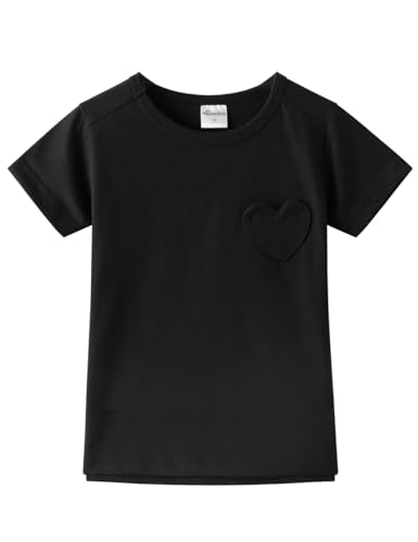 Image of Noomelfish Girls Short Sleeve Heart Pocket T-Shirts Casual Cotton Tee Tops Blouse (5-12 Years)