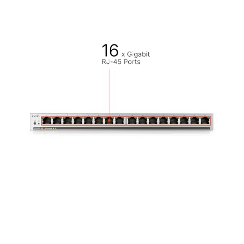 Image of Zyxel 16 Port Network Ethernet Switch | Unmanaged+ Gigabit | GS1100-16E | 16x GbE Ports, Fanless, Slim Design, Wall Mount Kit Included, Auto MDI /MDI-X Support, VLAN, Loop Prevention