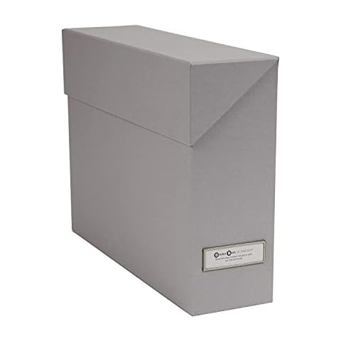 Bigso Box of Sweden Lovisa Fiberboard Label Frame 12 File Storage Box | Document Organizer for Important Paperwork | Durable Hanging File Box w/Flip Top Lid, Metal Label Window, 3.7"x13"x9.4" | Grey Cover