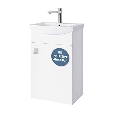 Planetmöbel Badmöbel Set aus Waschtisch mit Unterschrank 45cm in Weiß, Waschbecken und Armatur in Chrom Cover