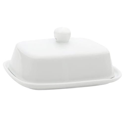 Belle Vous Plato de Mantequilla Cerámica Blanca con Tapa – Recipiente de Sobremesa con Asa – La Tapa Sirve para Barras de Mantequilla Grandes y Pequeñas
