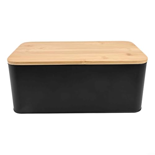 Caja de pan con tapa de madera, tapa de metal mate para encimera, tabla de cortar, ventilada, cocina fresca (negro)