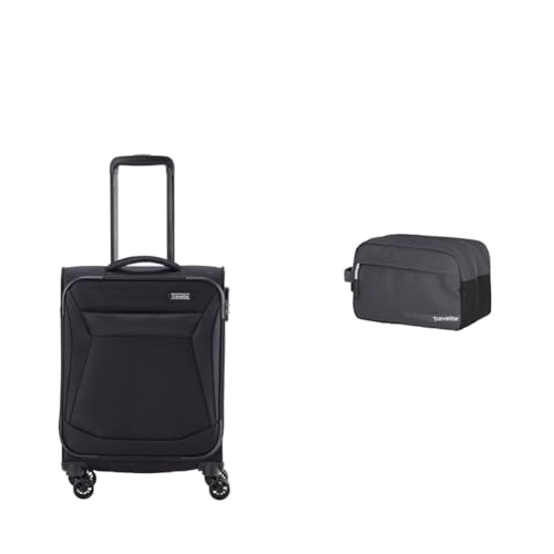 Travelite 4-Rad Koffer Handgepäck Weichschale, IATA Bordgepäck Maß & Handgepäck Kosmetiktasche, Gepäck Serie Kick Off: Praktische Kulturtasche für Urlaub und Sport, 26 cm, 5 Liter, D'anthrazit