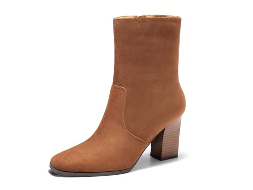 Coutgo Womens Chunky Block Heel Ankle Boots Square Toe Side Zipper Booties Faux Suede Fall Dress Shoes