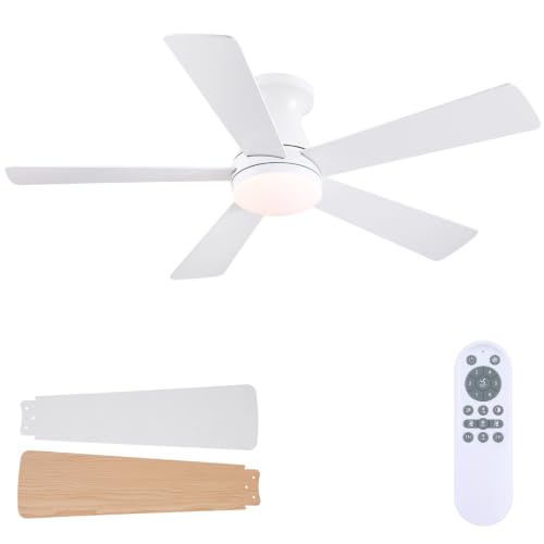 Image of Mpayel 46'' White Low Profile Ceiling Fan with Light and Remote Flush Mount