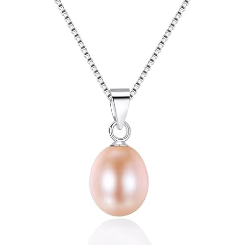 SWOPAN 925 Sterling Silver Freshwater Cultured Teardrop Pink Pearl Pendant Necklace Cover