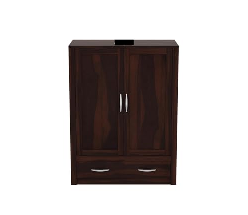Image of Sheesham Wood Wooden 2 Door Wardrobe Organizer for Clothes | - Solid Wood Almirah with 1 Drawers, 2 Shelves - Cupboard for Large Bedroom, Walnut Finish