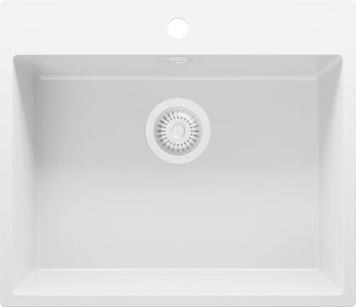 PRIMAGRAN Evier Cuisine en Granit Tout Blanc 58x50cm, Lavabo 1 bac + Kit de Vidage, Évier à Encastrer al mueble 60cm - Riga S312