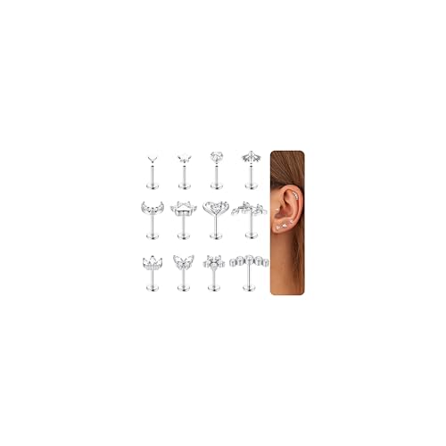 YADOCA 12Pcs Flat Back Stud Earrings Hypoallergenic Surgical Steel Stud Earrings for Women 14K Gold Filled Earrings 18G 16G Cartilage Medusa Conch Helix Tragus Piercing Jewelry 6mm 7mm 8mm 10mm Length