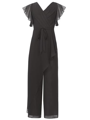 TiaoBug Mädchen Festlich Chiffon Jumpsuit Overall Lang Hosenanzug Kurze Puffärmel Top Weite Hose Ganzkörperanzug Body Festzug Outfits Schwarz 158-164