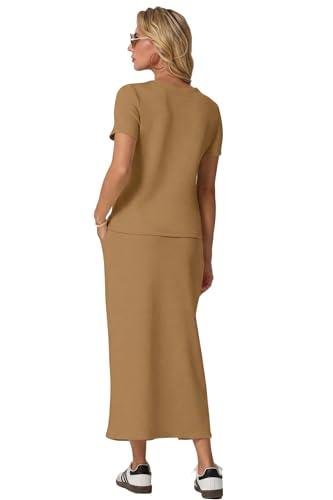 Image of GRECERELLE Women Summer Casual 2 Piece Sets V-Neck Wrinkle-Free Top & Elastic Waist Midi Side Slit Skirt with Pockets