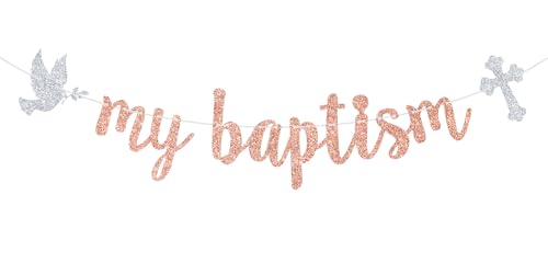 Image of Goilpanitdia My Baptism Banner, Religious Baptism Baby Shower Banner | Rose Gold Glitter, Bless This Child, God Bless, Confirmation, Christening, Baby 1st Birthday Supplies