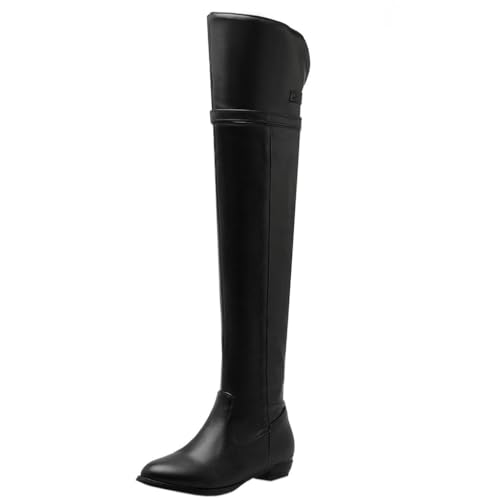 DINTAHA Long Thigh High Boots Flat Leather Thigh High Low Heel Boots Over The Knee Boots