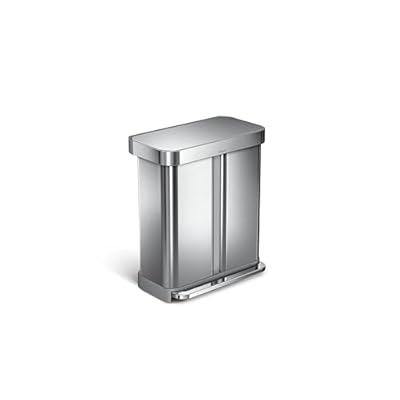 simplehuman 58 Liter / 15.3 Gallon Rectangular Hands-Free Dual Compartment Recycling Kitchen Step Trash Can with Soft-Close Lid, Brushed Stainless Steel