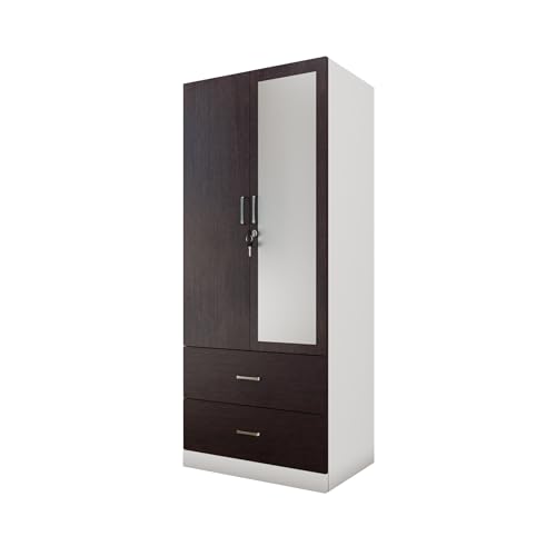 Image of VIKI Wardrobe | Wooden Almirah for Clothes,Door for Bedroom, 2 Door Wardrobe with Drawer, Mirror & Hanging Space (White & Wenge - 40D x 80W x 180H) | 1 Year Warranty | Free Assembly