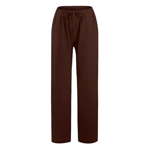 generic Women's Casual Linen Pants Summer Drawstring Elastic Waist Wide Leg Pants Cotton Lounge Trousers with Pockets3