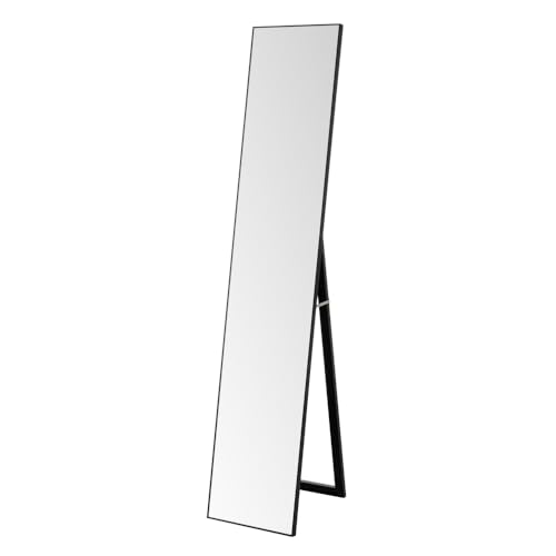 LOLAhome   Espejo de pie de Cuerpo Entero con Marco de Madera Negro de 151x31 cm. Incluye pie Plegable para faciliar colgarlo en Pared. para vestidor y Dormitorio. Diseño Moderno y Estable