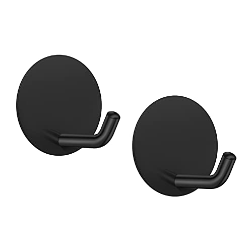 LJLink Self Adhesive Hooks Black Wall Hooks for Towel Key Robe Coat Stainless No Drill No Screw Door Bathroom Kitchen Lavatory Closet, Round 2 Packs