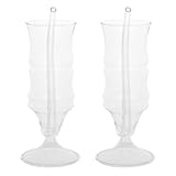 TOVINANNA Vasos de Vidrio con Base de Bambú 200 Ml 2 Piezas Copas de Cóctel Creativas con Pajita para Vino Mojito y Zumos Ideales para Fiestas y Uso Diario Reutilizable