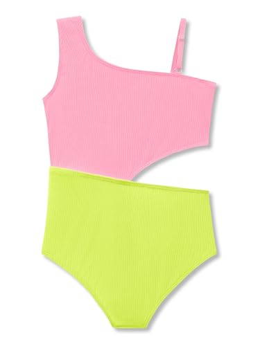 Image of Dvenki Big Girls Asymmetric Cutout Swimsuit Adjustable Straps Sizes 6X-16 | color block, leopard, tropical prints, front lined swimwear, removable pads, suitable for beach, vacation, pool play