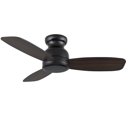Carro 44 Inch Flush Mount Ceiling Fan without Lights, Black Ceiling Fan with Remote Low Profile, 10-Speed Reversible DC Motor, 3 Dark Walnut Finish Blades, Indoor for Bedroom