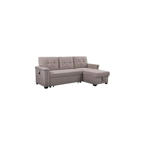 Lilola Home Ashlyn Light Gray Reversible Sleeper Sectional Sofa with Storage Chaise, USB Charging Ports and Pocket Cover