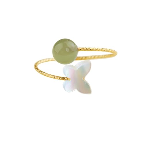 Dainty Green Ball Adjustable Open Wrap Ring for Women Gold Plated Stacking Statement Wedding Artificial Jade Shell Stone Finger Rings Fashion Layered Comfort Fit Christmas Holiday Jewelry (Butterfly)