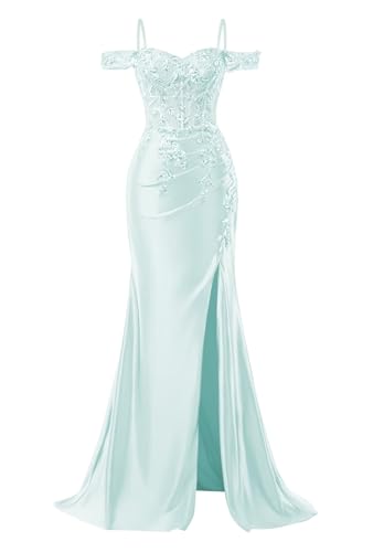 Image of Mermaid Satin Prom Dresses 2026 Lace Applique Off Shoulder Formal Evening Gown with Slit
