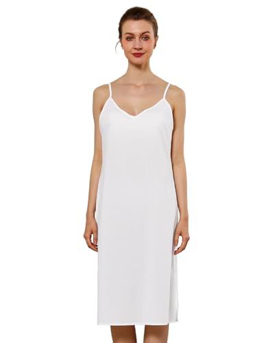 Image of Women Dress Slips for Under Dresses 100% Cotton Full Slip with Adjustable Spaghetti Strap V Neck