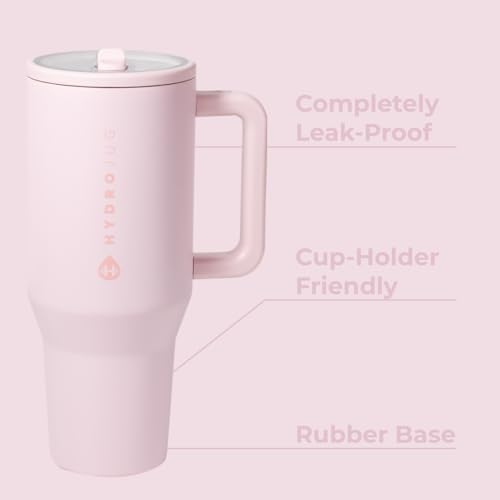 HydroJug Traveler - 40 oz Water Bottle with Handle & Flip Straw - Fits in Cup Holder, Leak Resistant Tumbler-Reusable Insulated Stainless Steel & Rubber Base - Gifts for Women & Men, Pink Sand