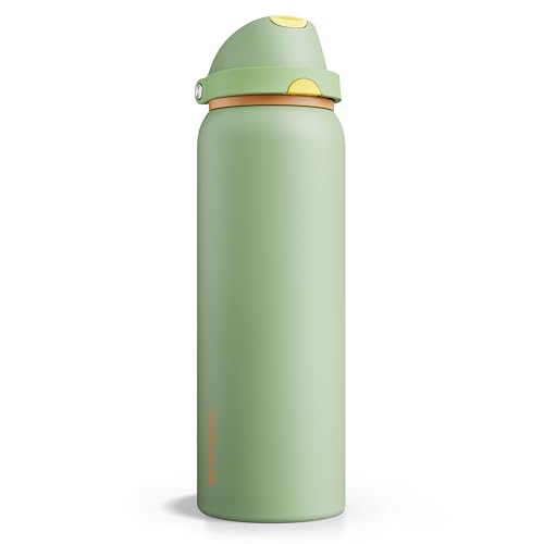 Image of Insulated Water Bottle with Straw - Encool Stainless Steel Water Bottle with Push Button Lid, Leak-Proof & BPA-Free, Keeps Cold for 24 Hours for Sports, Travel, Gym (40 oz, Lichen-Yellow)