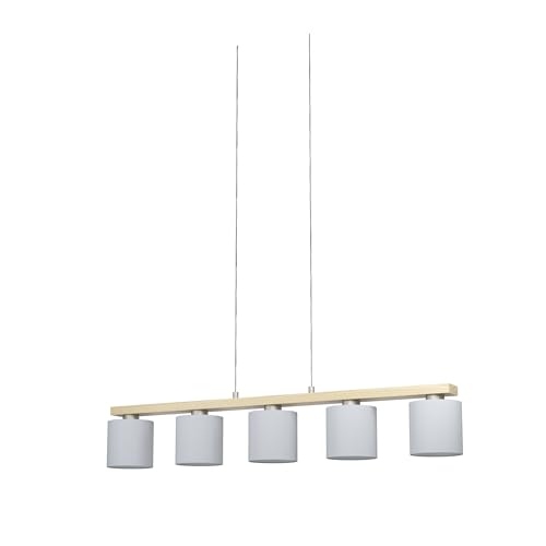 EGLO Pendelleuchte Castralvo, 5 flammige Hängelampe, Hängeleuchte aus Stahl in Nickel-Matt, Holz in Braun und Textil in Weiß, Esstischlampe FSC zertifiziert, E27 Fassung