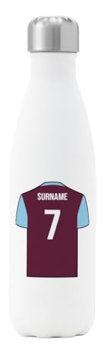 Go Find A Gift Personalised Football Shirt Design Insulated Water Bottle for Aston Villa supporters, 500ml capacity - White - Stainless Steel - Great for Villans fans