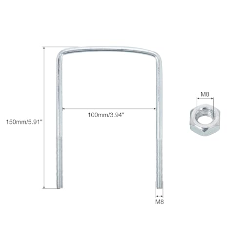Image of uxcell Square U-Bolts, 4 Sets 100mm Inner Width 150mm Length M8 Zinc-Plated Carbon Steel U Clamp Bolt with Nuts and Plates, for Boat Trailer