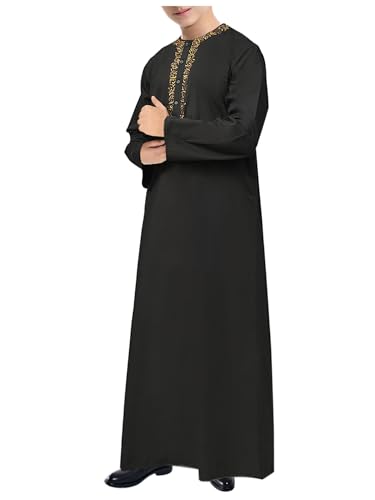 WSPLYSPJY Boys Printed Maxi Prayer Thobe Button Down Muslim Robe Round Neck Arab Kaftans3