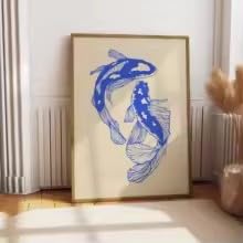 KEMEIQI Stampe su tela con carpe koi blu e rosse, poster artistico giapponese con carpe koi portafortuna per la camera da letto moderna, ideale per San Valentino (80 * 120x2 cm/cornice)