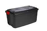 Strata Heavy Duty Large Storage Box with Lid, 145L, Lockable, Indoor/Outdoor, Wheeled, Black with Red Handles