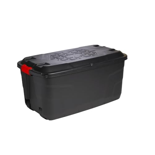 Heavy Duty Large Storage Box with Lid, 145L, Lockable, Indoor/Outdoor, Wheeled, Black with Red Handles