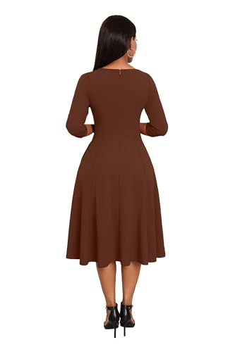 Image of Nmoder Midi Dresses for Women A-Line Fit and Flare Dress 3 /4 Sleeve V Neck Cocktail Wedding Guest Work Dress with Pockets