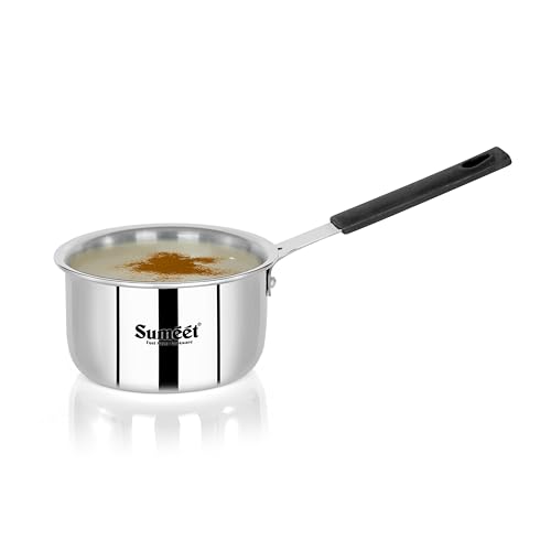 Image of Sumeet Cook Smart ISI Certified Tri-Ply (Steel - Aluminium - Steel) Mini SauceTadka Pan with Silicon Grip | Induction and Gas Friendly | 2.5mm Thick | 450ml -10Cm, Silver