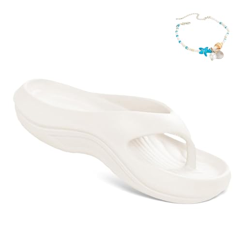 Pillow Arch Support Flip Flops for Women, Arch Support Sandals Recovery Flipflops Orthopedic Slides, Soft Comfort Lightweight (8.5-9,White)