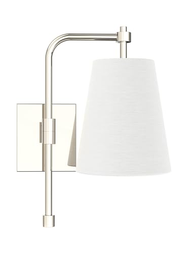 Image of 1-Light Wall Sconce, Polished Nickel Finish, Fabric Linen Shade, Adjustable Swing Arm, Hardwired Wall Mounted Light Fixture for Bedside, Living Room, Bathroom, Versatile Home Decor