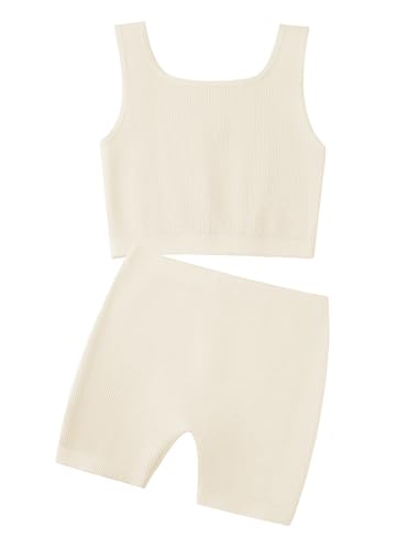 Image of EXARUS Girls 2 Piece Outfits Seamless Ribbed Cropped Tank Top Shorts Set | Teen Two Piece Outfit Tween Summer Dance Vacation Yoga Crew Neck Youth Athletic Workout Set Kids High Waist Elasticity 6-14Y