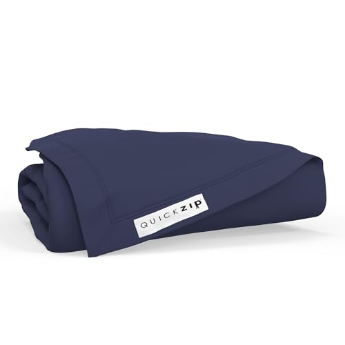 Image of QuickZip Fitted Plus Spare Bundle: 1 Fitted Sheet (Base + Zip Sheet) & 1 Zip Sheet - Easy to Change, Won't Pop Off - Soft Percale 400 TC 100% Cotton - 13.5 inch Deep Pockets RV Queen Size - Deep Navy